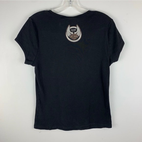 Harley Davidson Black 105 Years Rhinestone Logo Short Sleeve Baby Fit T-Shirt - Picture 6 of 6
